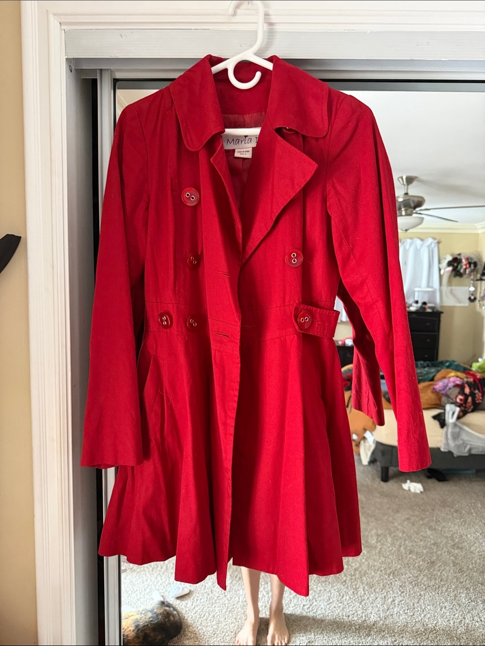 Marina Red Double-Breasted Trench Coat with Flared Skirt
